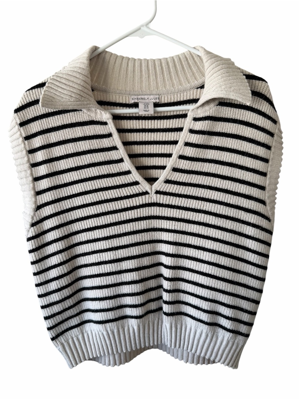 Sincerly Jules Cream & Black Striped V-Neck Sweater Vest